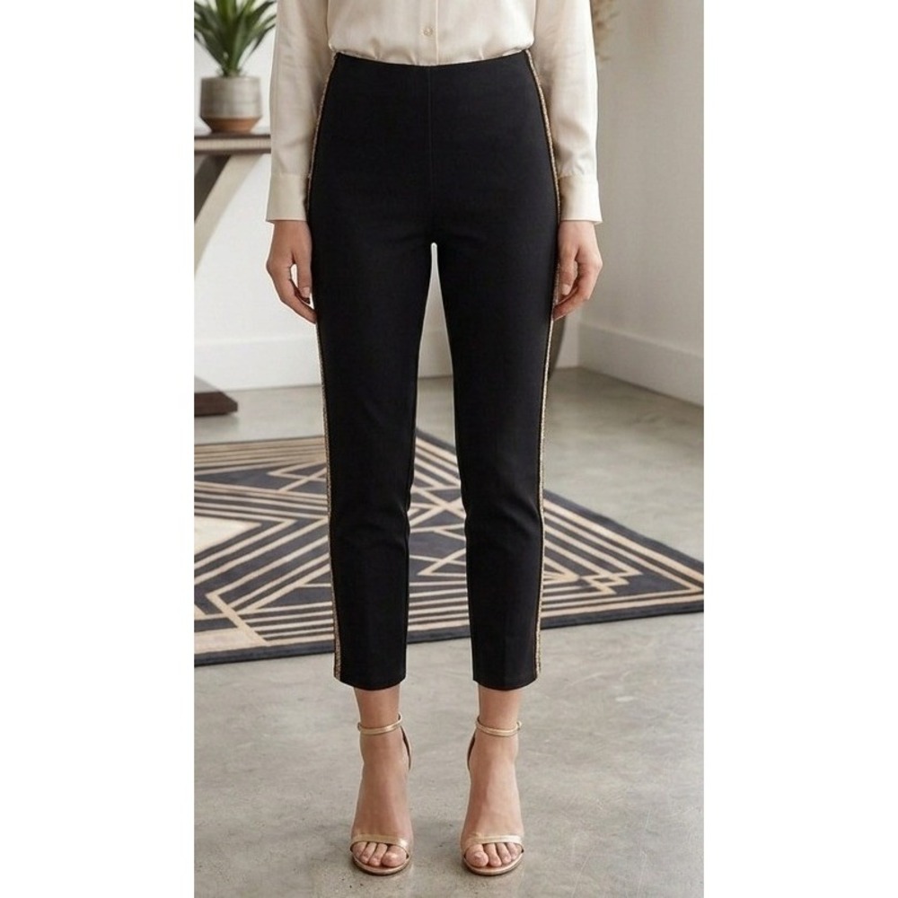 Zoe + Phoebe Petite Beaded Side Stripe Pull On Pants Women's PL Black Stretch‎